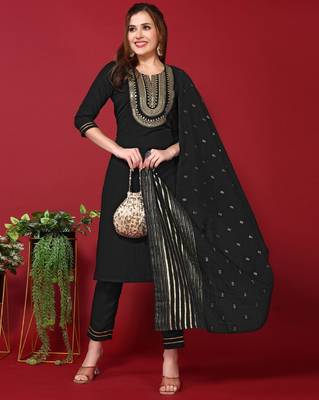 Women's Black Embroidered Cotton Slub Straight Kurta Pant and Dupatta Set 1