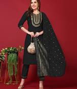 Women's Black Embroidered Cotton Slub Fabric Straight Kurta, Pant and Dupatta Set