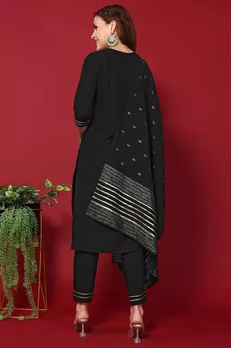 Women's Black Embroidered Cotton Slub Straight Kurta Pant and Dupatta Set