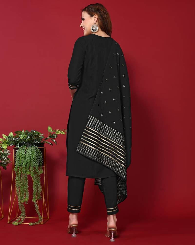 Women's Black Embroidered Cotton Slub Fabric Straight Kurta, Pant and Dupatta Set