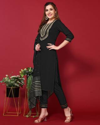 Women's Black Embroidered Cotton Slub Straight Kurta Pant and Dupatta Set 3