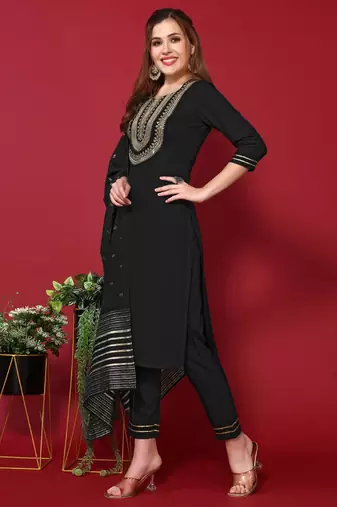 Women's Black Embroidered Cotton Slub Straight Kurta Pant and Dupatta Set