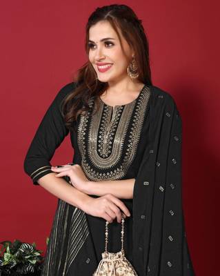 Women's Black Embroidered Cotton Slub Straight Kurta Pant and Dupatta Set 4