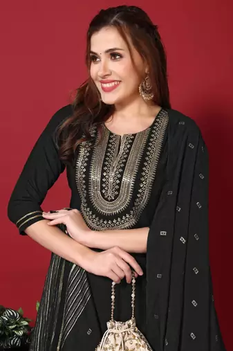 Women's Black Embroidered Cotton Slub Straight Kurta Pant and Dupatta Set