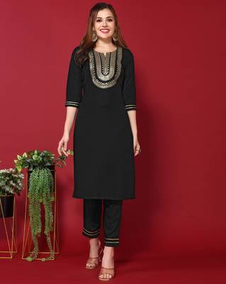 Women's Black Embroidered Cotton Slub Straight Kurta Pant and Dupatta Set 5
