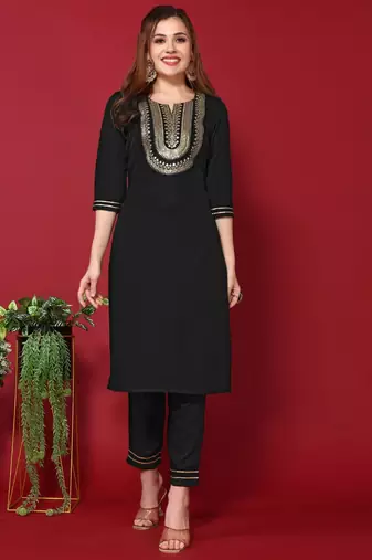 Women's Black Embroidered Cotton Slub Straight Kurta Pant and Dupatta Set