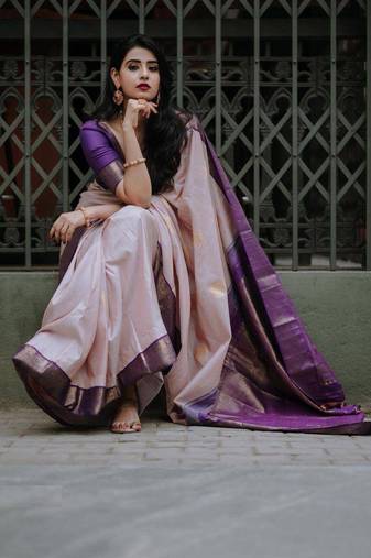 Pink Banarasi soft silk blend Saree With Blouse piece