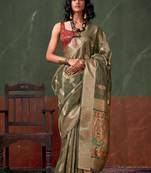 Olive Green Woven Paithani Zari Tissue Silk Saree With Blouse