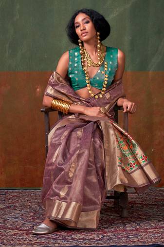Antique Purple Woven Paithani Zari Tissue Silk Saree With Blouse