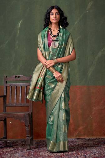 Hedge Green Woven Paithani Zari Tissue Silk Saree With Blouse