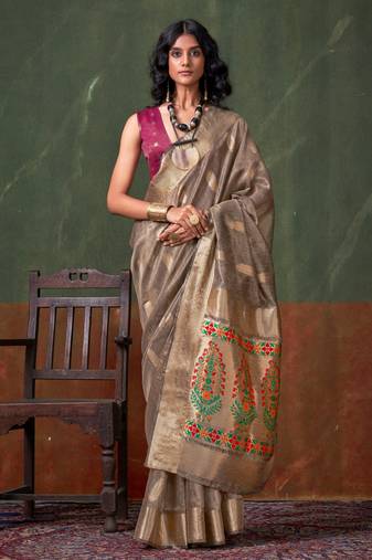 Lead Grey woven paithani zari tissue silk saree with blouse