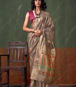 Lead Grey woven paithani zari tissue silk saree with blouse