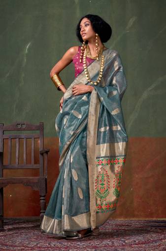 Aqua Blue woven paithani zari tissue silk saree with blouse