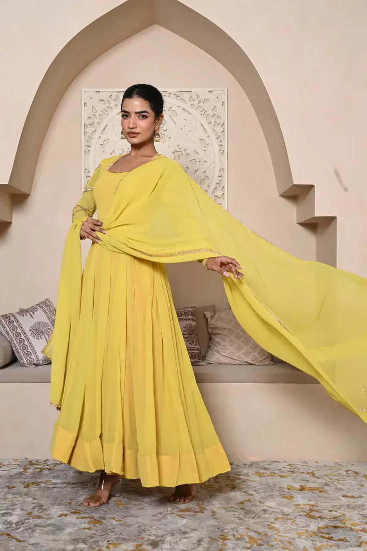 Yellow Georgette Heavy Lace Work Anarakali Set 