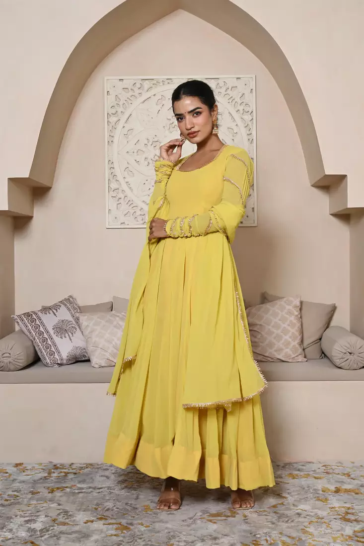 Yellow Georgette Heavy Lace Work Anarakali Set 