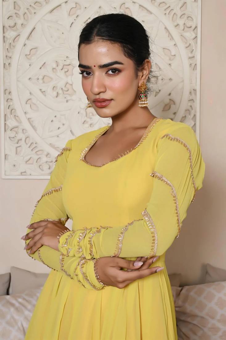 Yellow Georgette Heavy Lace Work Anarakali Set 