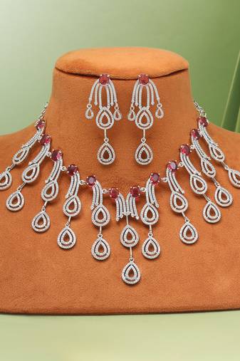 Ruby color american diamond necklaces set