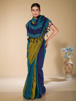 Olive Green And Blue Solid Khadi Saree 1