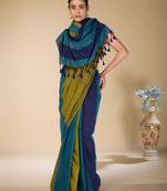 Olive Green And Blue Solid Khadi Saree