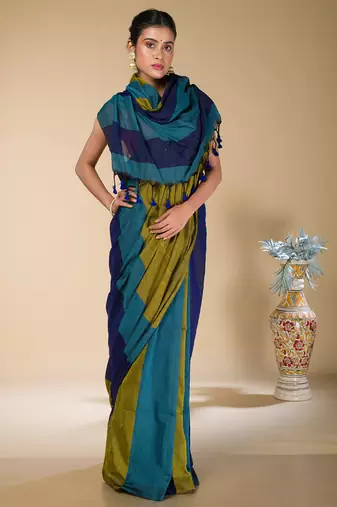 Olive Green And Blue Solid Khadi Saree