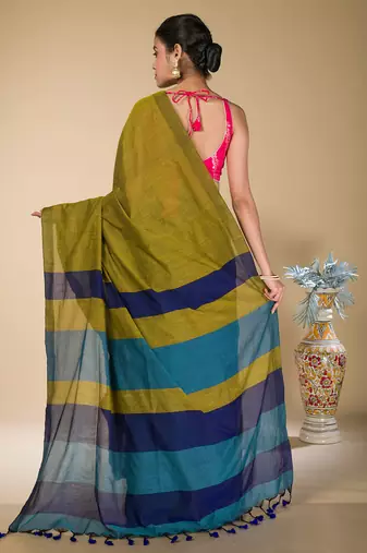 Olive Green And Blue Solid Khadi Saree