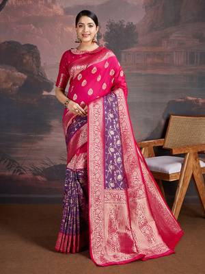 Dual-tone rani pink & shaded blue art silk saree with intricate zari work 1