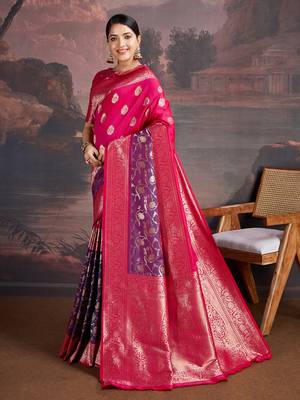 Dual-tone rani pink & shaded blue art silk saree with intricate zari work 2