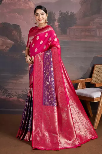 Dual-tone rani pink & shaded blue art silk saree with intricate zari work