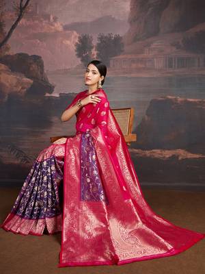 Dual-tone rani pink & shaded blue art silk saree with intricate zari work 3