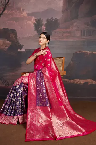 Dual-tone rani pink & shaded blue art silk saree with intricate zari work