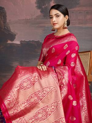 Dual-tone rani pink & shaded blue art silk saree with intricate zari work 4