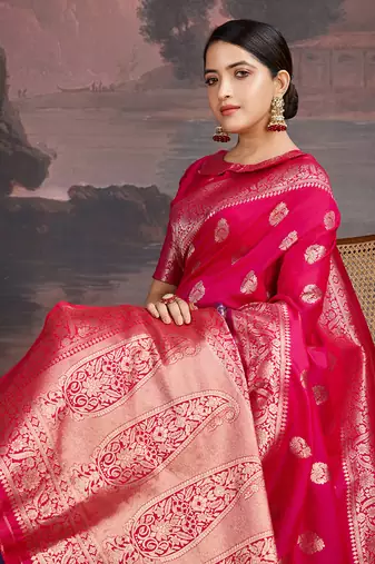 Dual-tone rani pink & shaded blue art silk saree with intricate zari work