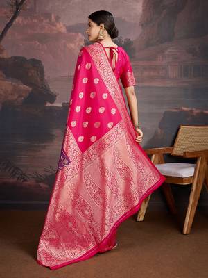 Dual-tone rani pink & shaded blue art silk saree with intricate zari work 5
