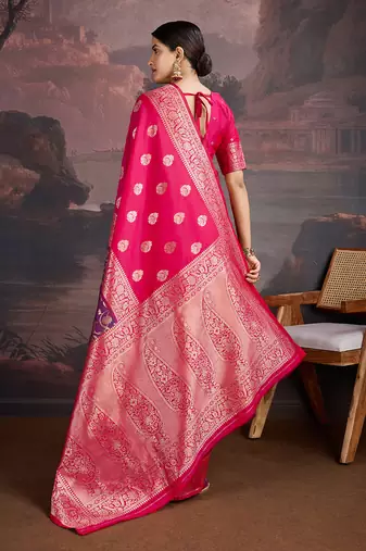 Dual-tone rani pink & shaded blue art silk saree with intricate zari work