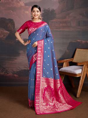 turquoise blue & rani pink art silk saree with zari butti and ornate pallu pattern 1