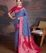 turquoise blue & rani pink art silk saree with zari butti and ornate pallu pattern