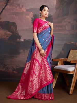 turquoise blue & rani pink art silk saree with zari butti and ornate pallu pattern 2