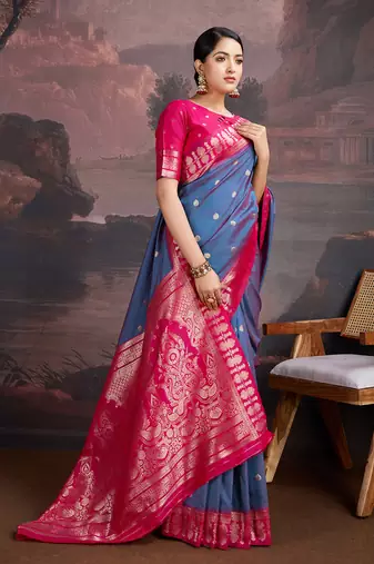 turquoise blue & rani pink art silk saree with zari butti and ornate pallu pattern