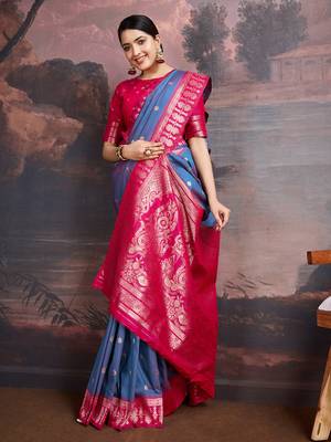 turquoise blue & rani pink art silk saree with zari butti and ornate pallu pattern 3