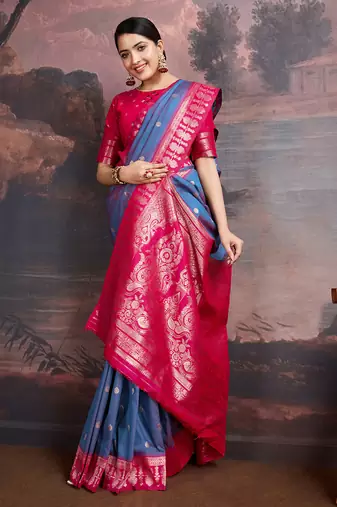 turquoise blue & rani pink art silk saree with zari butti and ornate pallu pattern