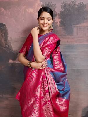 turquoise blue & rani pink art silk saree with zari butti and ornate pallu pattern 4