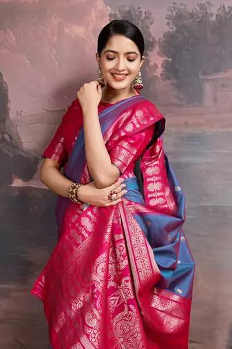 turquoise blue & rani pink art silk saree with zari butti and ornate pallu pattern