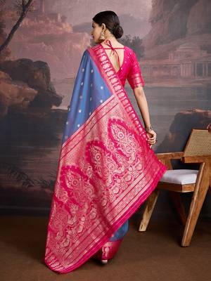 turquoise blue & rani pink art silk saree with zari butti and ornate pallu pattern 5