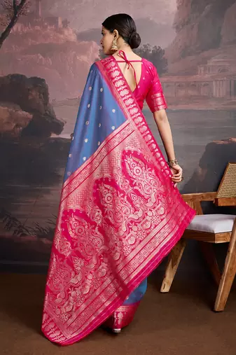 turquoise blue & rani pink art silk saree with zari butti and ornate pallu pattern