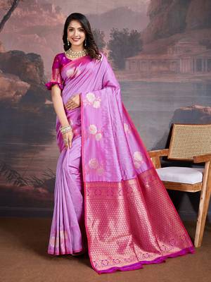 shaded pink & magenta banarasi art silk saree with copper zari and silver meena 1