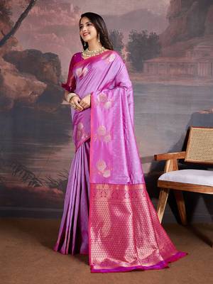 shaded pink & magenta banarasi art silk saree with copper zari and silver meena 2