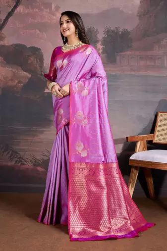shaded pink & magenta banarasi art silk saree with copper zari and silver meena