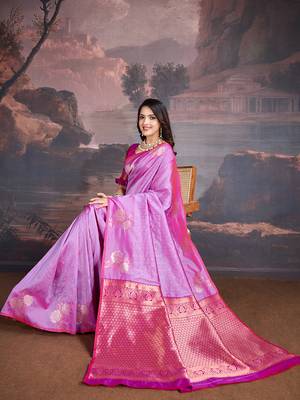 shaded pink & magenta banarasi art silk saree with copper zari and silver meena 3