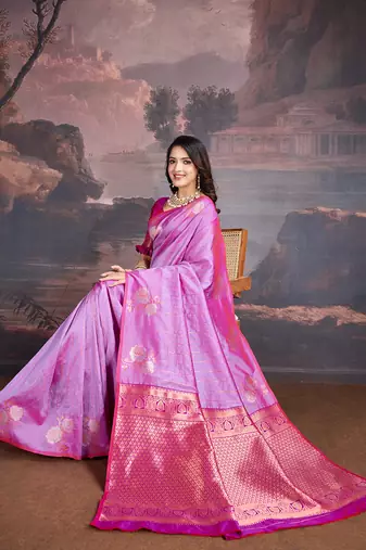shaded pink & magenta banarasi art silk saree with copper zari and silver meena