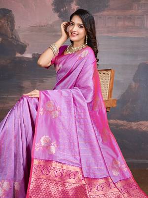 shaded pink & magenta banarasi art silk saree with copper zari and silver meena 4